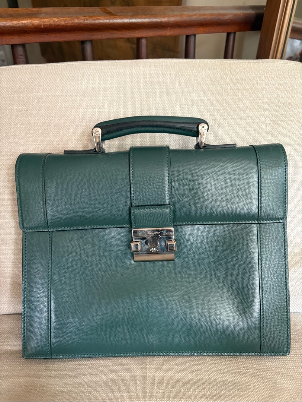 Men's Green Leather Laptop Briefcase with Top Handle